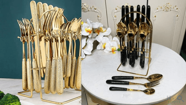 24PCS Luxurious Gold Fork Spoon Knife Cutlery Set With Stand